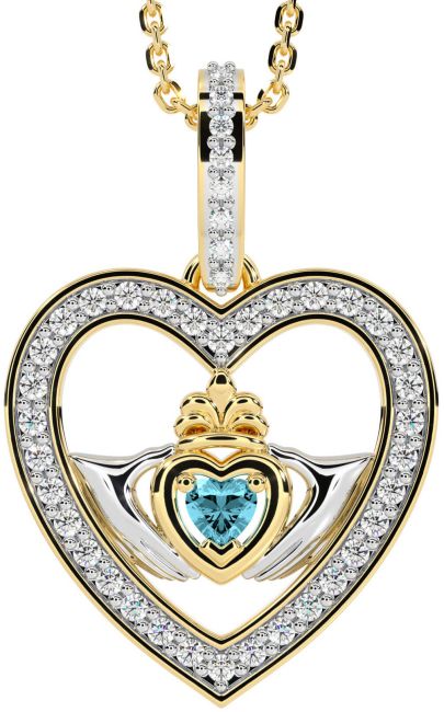 Diamond Aquamarine Gold Silver Claddagh Irish Heart Necklace