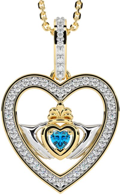 Diamond Topaz Gold Silver Claddagh Irish Heart Necklace