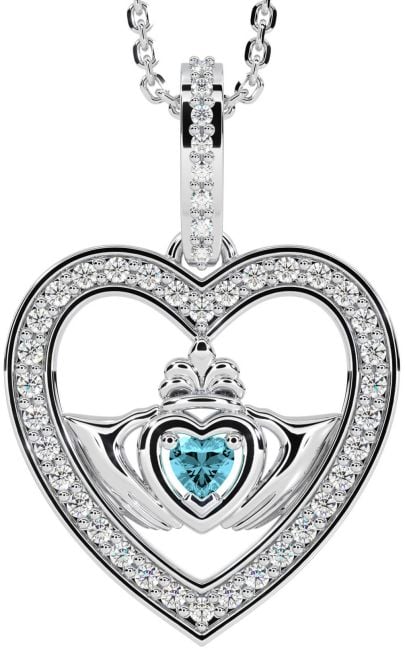 Diamond Aquamarine Silver Claddagh Irish Heart Necklace