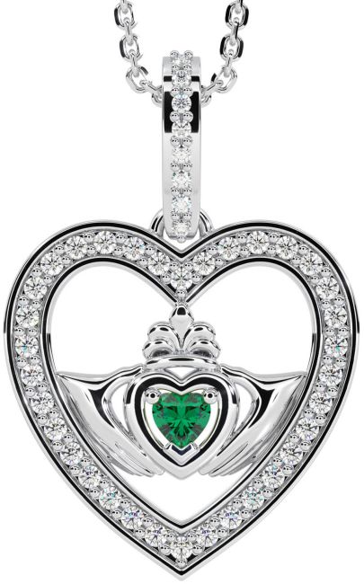 Diamond Emerald Silver Claddagh Irish Heart Necklace