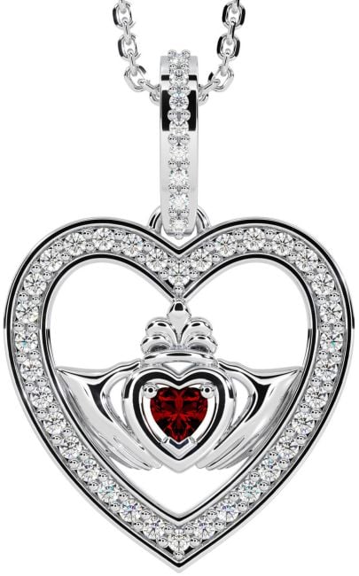 Diamond Garnet Silver Claddagh Irish Heart Necklace