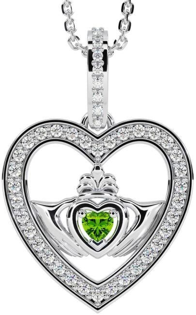 Diamond Peridot Silver Claddagh Irish Heart Necklace