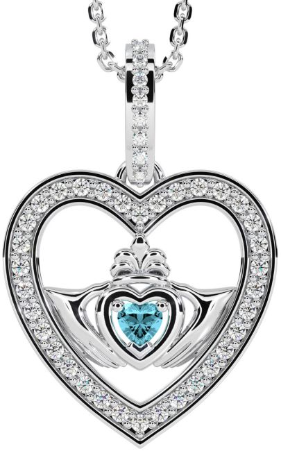 Diamond Aquamarine White Gold Claddagh Irish Heart Necklace