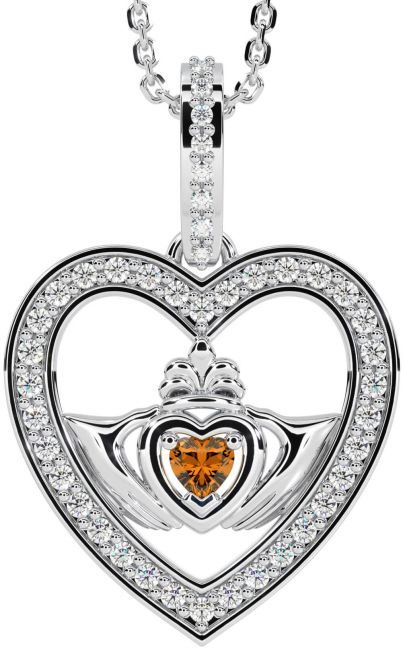 Diamond Citrine White Gold Claddagh Irish Heart Necklace