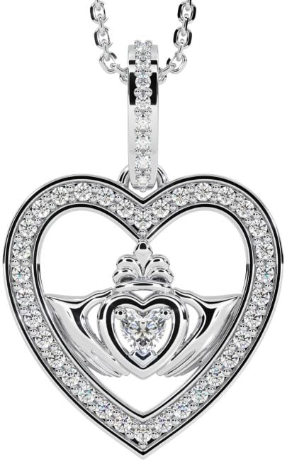 Diamond White Gold Claddagh Irish Heart Necklace