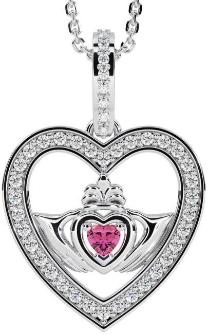 Diamond Pink Tourmaline White Gold Claddagh Irish Heart Necklace