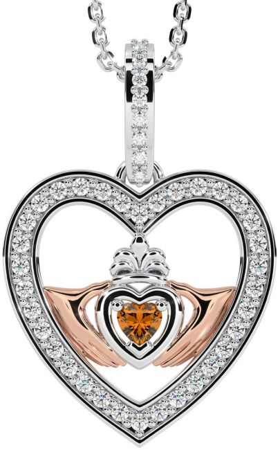 Diamond Citrine White Rose Gold Claddagh Irish Heart Necklace