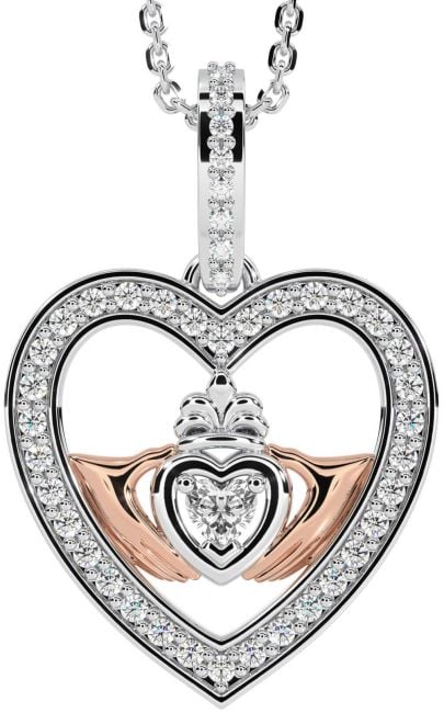 Diamond White Rose Gold Claddagh Irish Heart Necklace