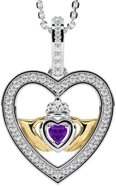 Diamond Amethyst White Yellow Gold Claddagh Irish Heart Necklace