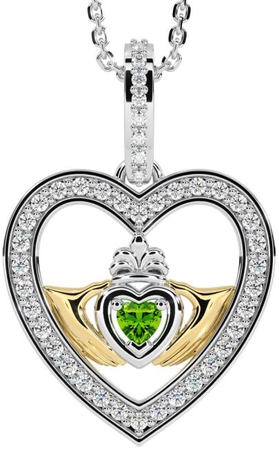 Diamond Peridot White Yellow Gold Claddagh Irish Heart Necklace