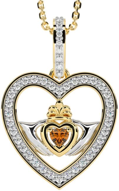 Diamond Citrine Gold Claddagh Irish Heart Necklace