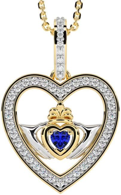 Diamond Sapphire Gold Claddagh Irish Heart Necklace