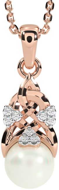 Diamond Rose Gold Celtic Trinity Knot Pearl Necklace
