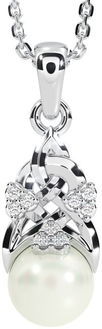 Diamond Silver Celtic Trinity Knot Pearl Necklace