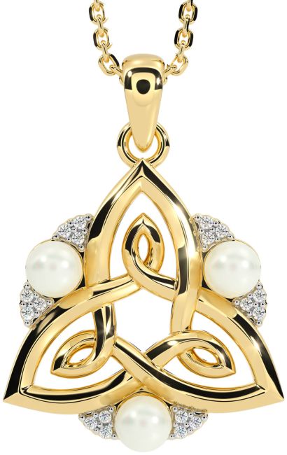 Diamond Gold Silver Celtic Trinity Knot Pearl Necklace