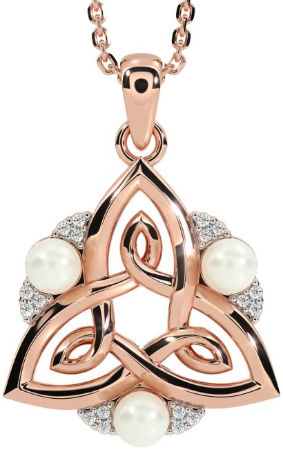 Diamond Rose Gold Celtic Trinity Knot Pearl Necklace