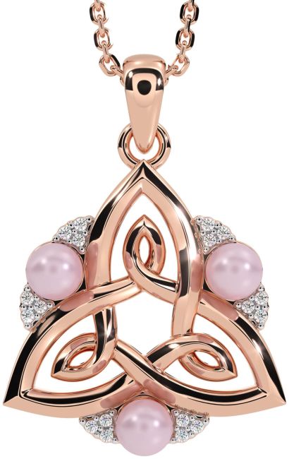 Diamond Rose Gold Silver Celtic Trinity Knot Pearl Necklace