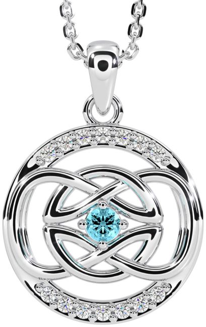 Diamond Aquamarine Silver Celtic Necklace