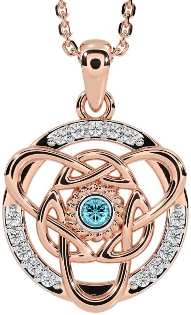 Diamond Aquamarine Rose Gold Silver Celtic Necklace