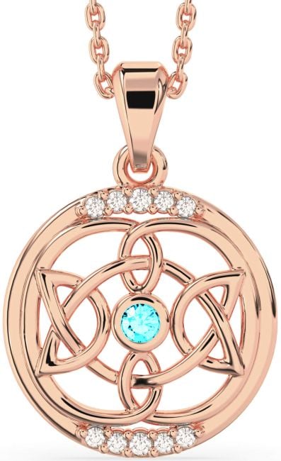 Diamond Aquamarine Rose Gold Silver Celtic Necklace