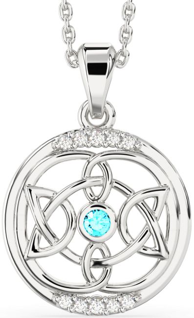 Diamond Aquamarine Silver Celtic Necklace