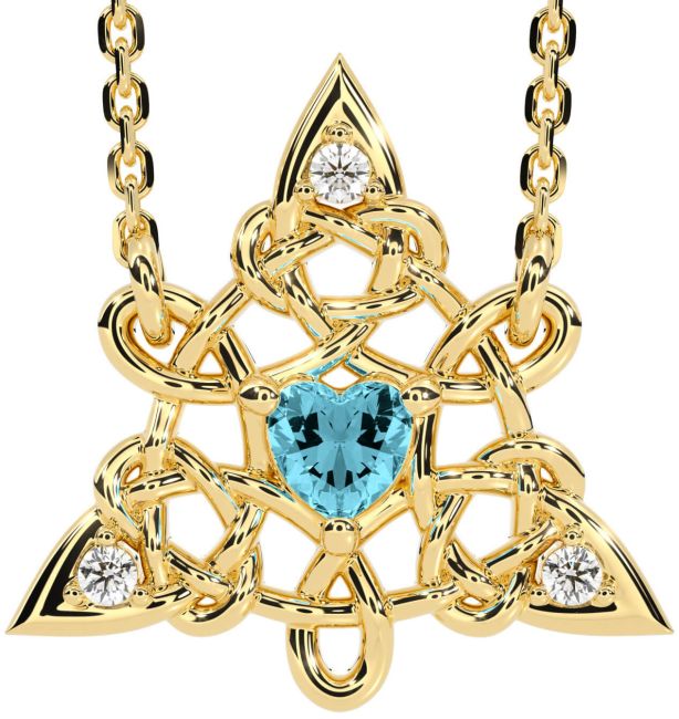 Diamond Aquamarine Gold Silver Celtic Trinity Knot Necklace