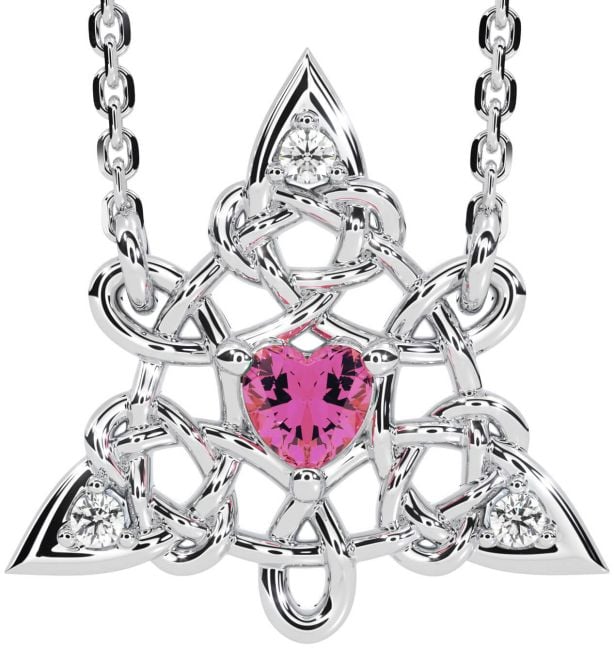 Diamond Pink Tourmaline Silver Celtic Trinity Knot Necklace