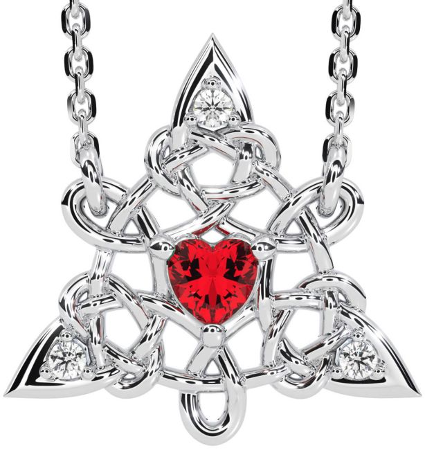 Diamond Ruby Silver Celtic Trinity Knot Necklace