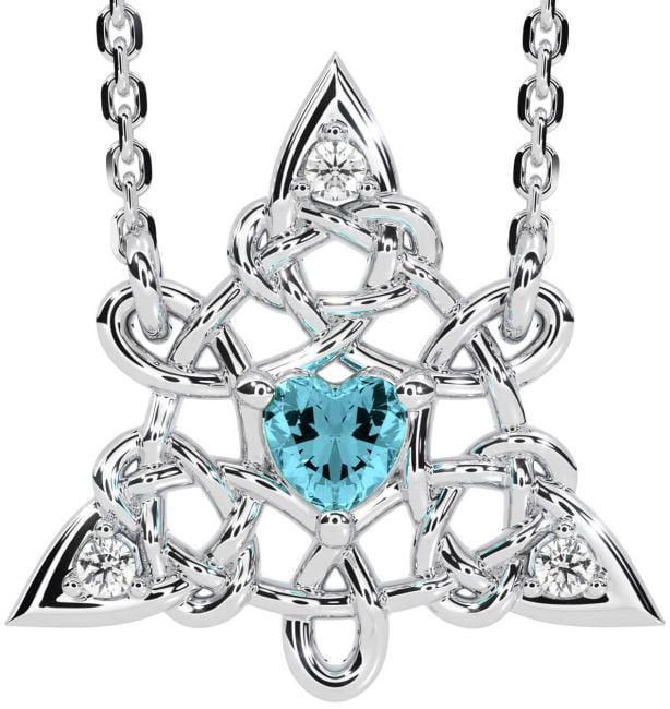 Diamond Aquamarine White Gold Celtic Trinity Knot Necklace