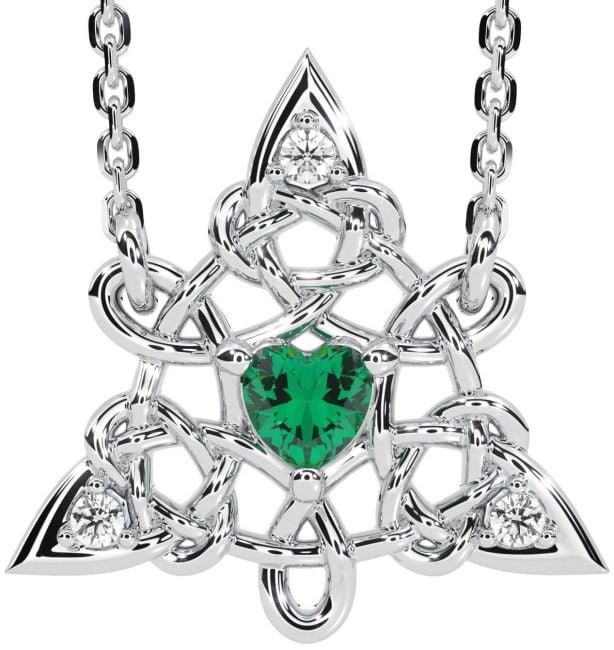 Diamond Emerald White Gold Celtic Trinity Knot Necklace