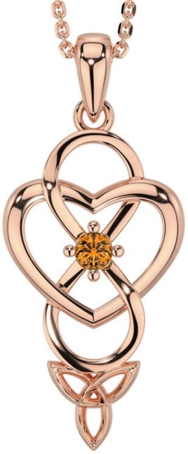 Citrine Rose Gold Silver Infinity Celtic Trinity Knot Heart Necklace