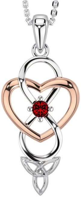 Garnet Rose Gold Silver Infinity Celtic Trinity Knot Heart Necklace