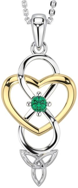 Emerald Gold Silver Infinity Celtic Trinity Knot Heart Necklace