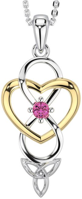 Pink Tourmaline Gold Silver Infinity Celtic Trinity Knot Heart Necklace