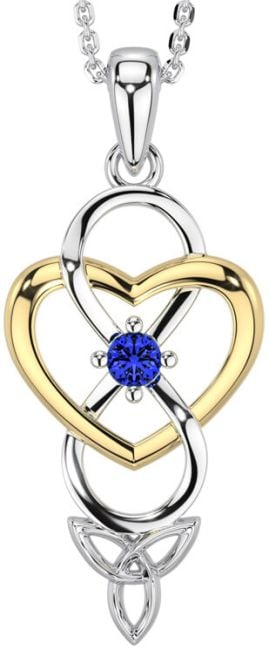 Sapphire Gold Silver Infinity Celtic Trinity Knot Heart Necklace