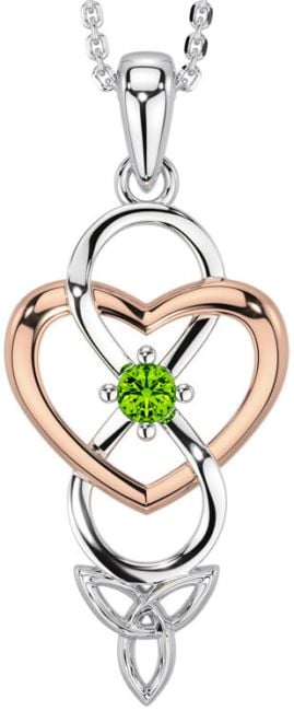Peridot White Rose Gold Infinity Celtic Trinity Knot Heart Necklace