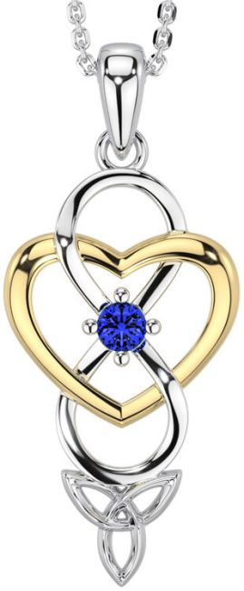 Sapphire White Yellow Gold Infinity Celtic Trinity Knot Heart Necklace