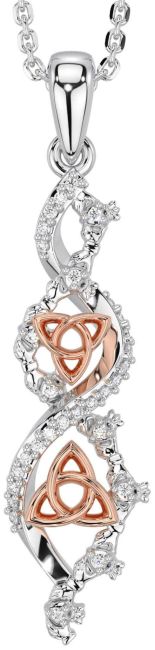 Diamond Rose Gold Silver Claddagh Celtic Trinity Knot Necklace
