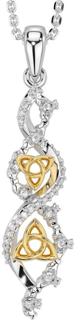 Diamond White Yellow Gold Claddagh Celtic Trinity Knot Necklace