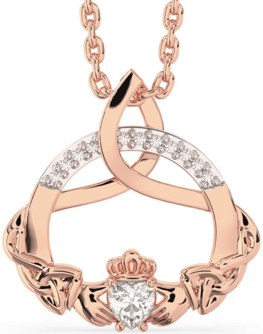 Diamond Rose Gold Silver Claddagh Celtic Trinity Knot Necklace