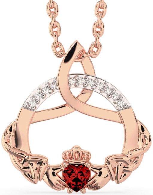 Diamond Garnet Rose Gold Silver Claddagh Celtic Trinity Knot Necklace