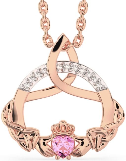 Diamond Pink Tourmaline Rose Gold Silver Claddagh Celtic Trinity Knot Necklace