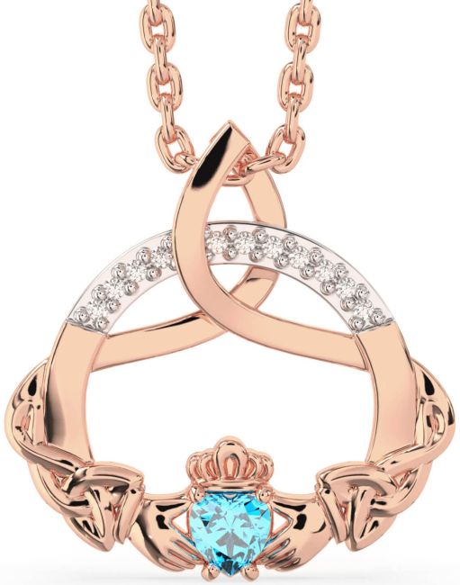 Diamond Topaz Rose Gold Silver Claddagh Celtic Trinity Knot Necklace