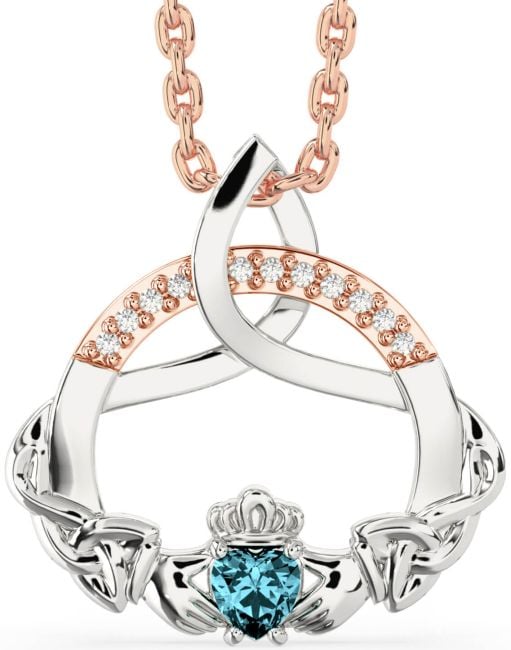 Diamond Aquamarine Rose Gold Silver Claddagh Celtic Trinity Knot Necklace