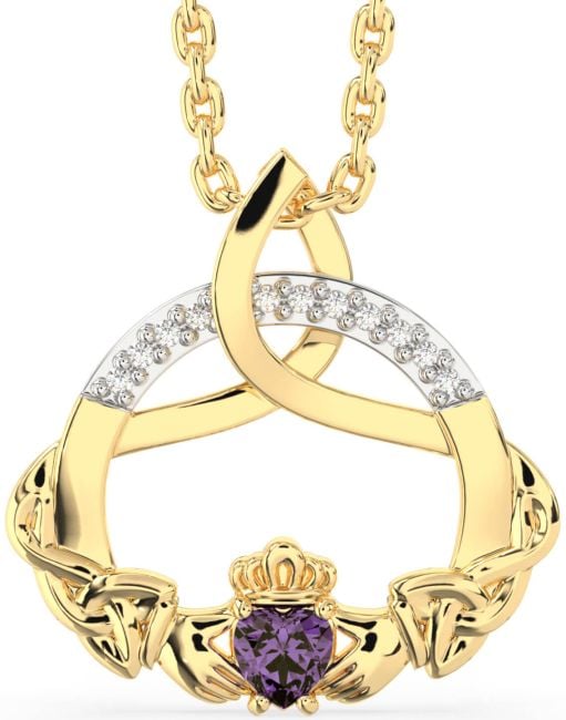 Diamond Alexandrite Gold Silver Claddagh Celtic Trinity Knot Necklace