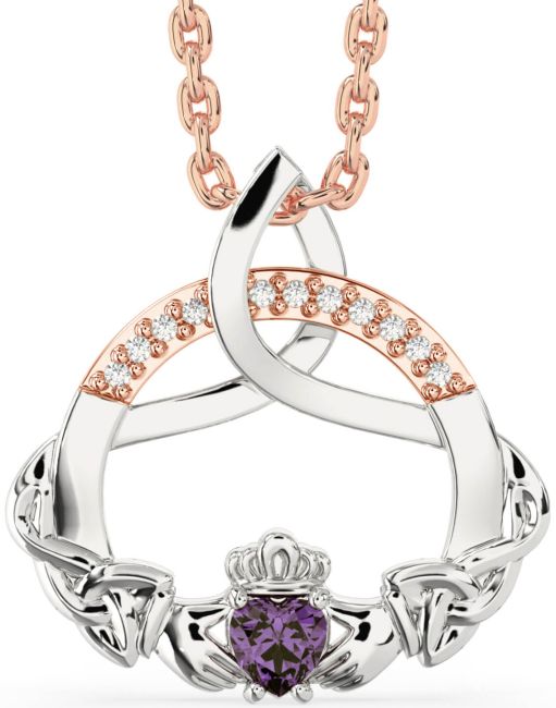 Diamond Alexandrite White Rose Gold Claddagh Celtic Trinity Knot Necklace