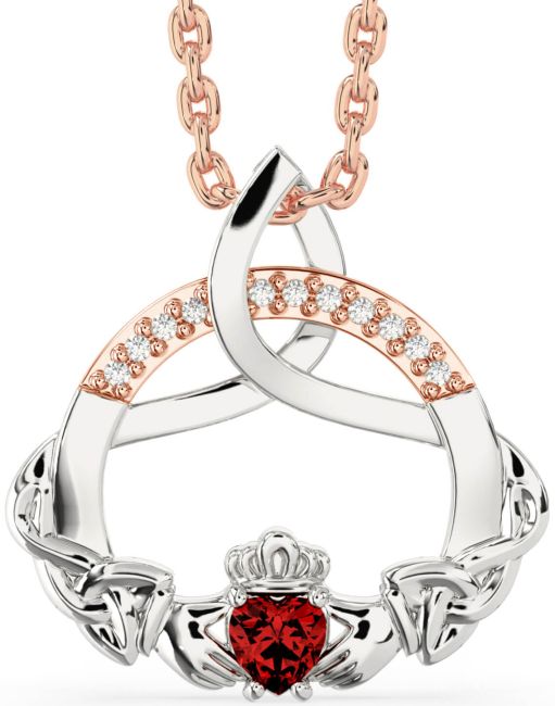 Diamond Garnet White Rose Gold Claddagh Celtic Trinity Knot Necklace