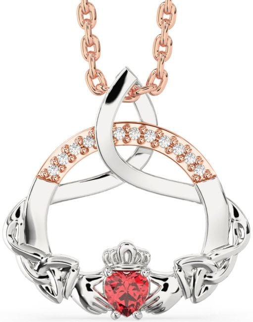 Diamond Ruby White Rose Gold Claddagh Celtic Trinity Knot Necklace