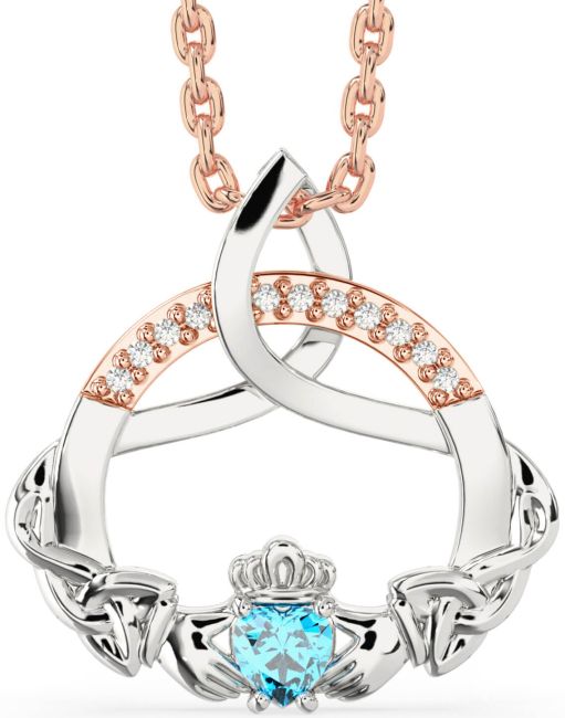 Diamond Topaz White Rose Gold Claddagh Celtic Trinity Knot Necklace