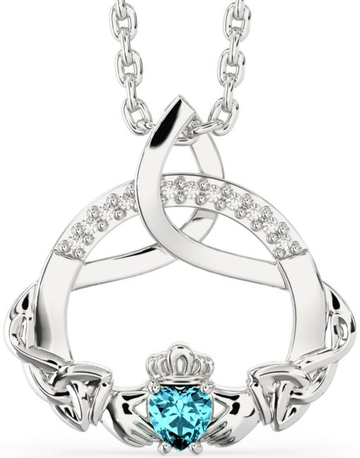 Diamond Aquamarine Silver Claddagh Celtic Trinity Knot Necklace